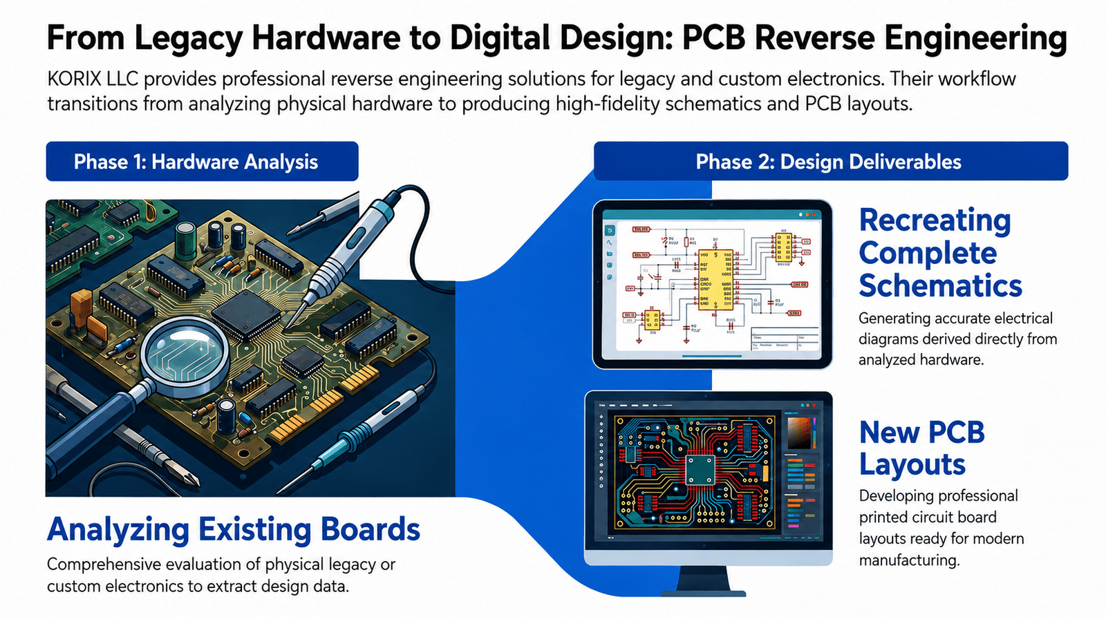 PCB reverse engineering workflow: Phase 1, Hardware Analysis, examines existing boards to extract design data; Phase 2, Design Deliverables, recreates complete schematics and new PCB layouts ready for manufacturing.